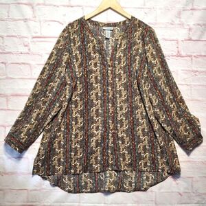 Catherines Tunic Shirt Womens 1X 18/20W Brown Chevron Popover Autumn Fall Casual
